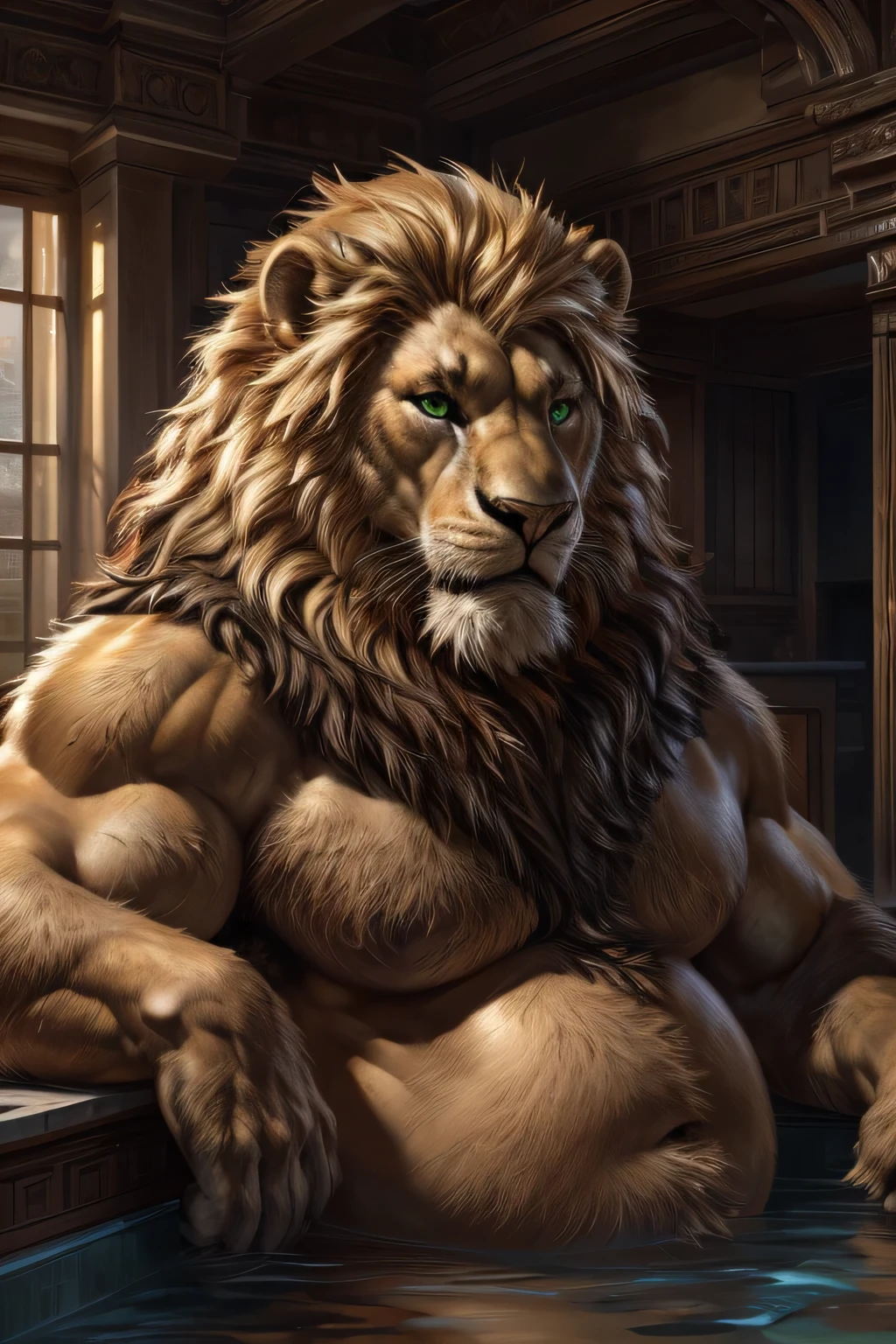 Lion, mong blond mane, black beard, green eyes, realistic eyes, posted on e621, furry body, anthro body, anthro lion, feral paws realistic, long fur, very hairy, lion, solo, male, adult, masculine, (very very fat and big belly, very fat body, buff:1.2), correct anatomy, (photorealistic fur, detailed fur, epic, masterpiece:1.2), in tight jockstrap, in the jacuzzi in a luxury house, luminous, (by echin, by Taran Fiddler, by Juiceps, by Rukis), (detailed eyes:1.2), impressive physique, with a beer, seductive face, just face portrait realistic