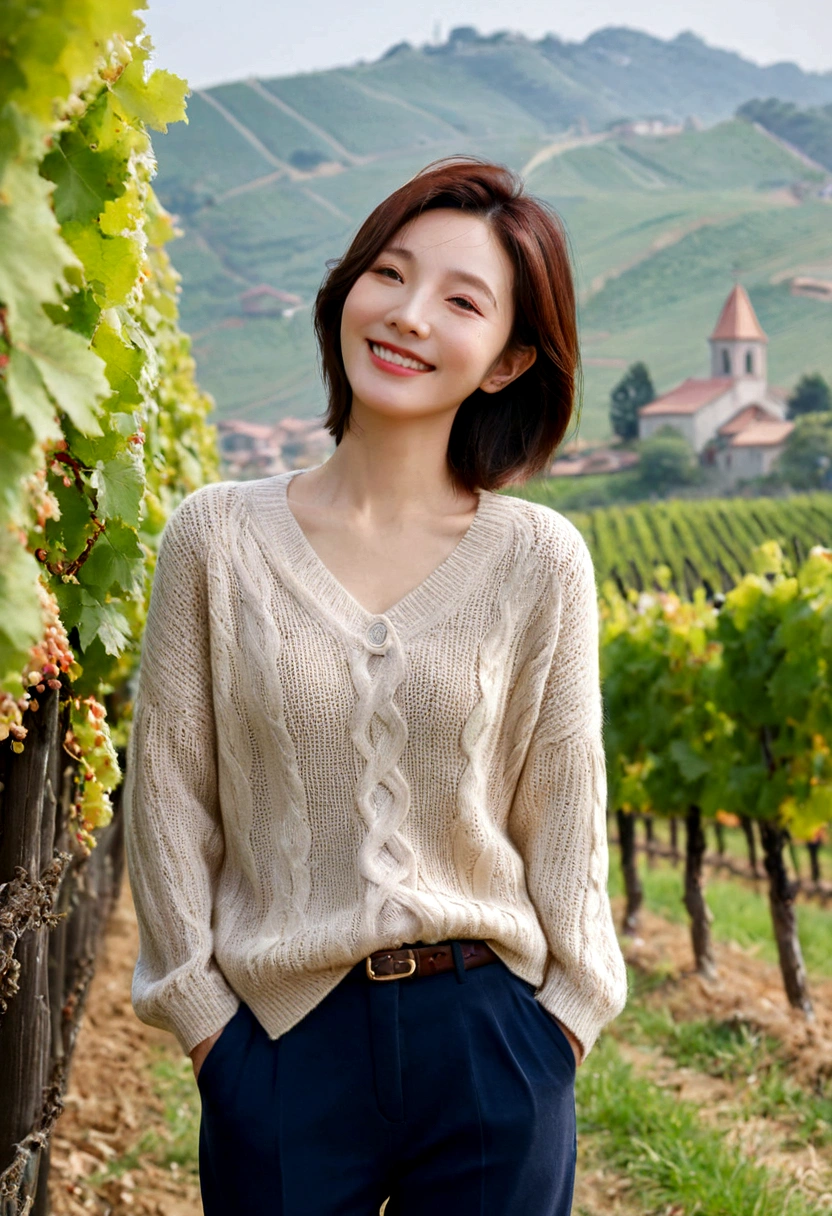 8k best picture quality, Beautiful 36-year-old Korean woman, clear and nice weather. Chest size 34 inches, italian countryside, past the vineyard, The cathedral is visible in the fog in the distance., The back background is realistic and vivid image quality, Short and medium hair blowing in the wind, Wearing high-end luxury knitwear. casual pants, Smile. the background is clear, Short and slim Korean woman, stand far away, Photo taken with a wide-angle lens, 1 woman