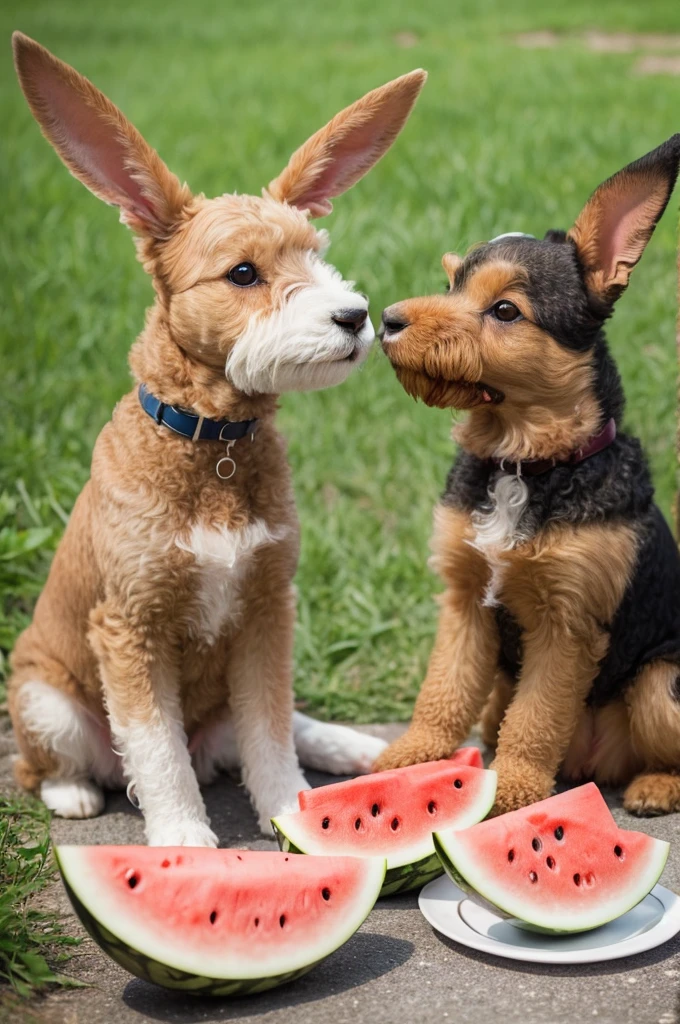 Rabbit and Airedale Terrier eating watermelon