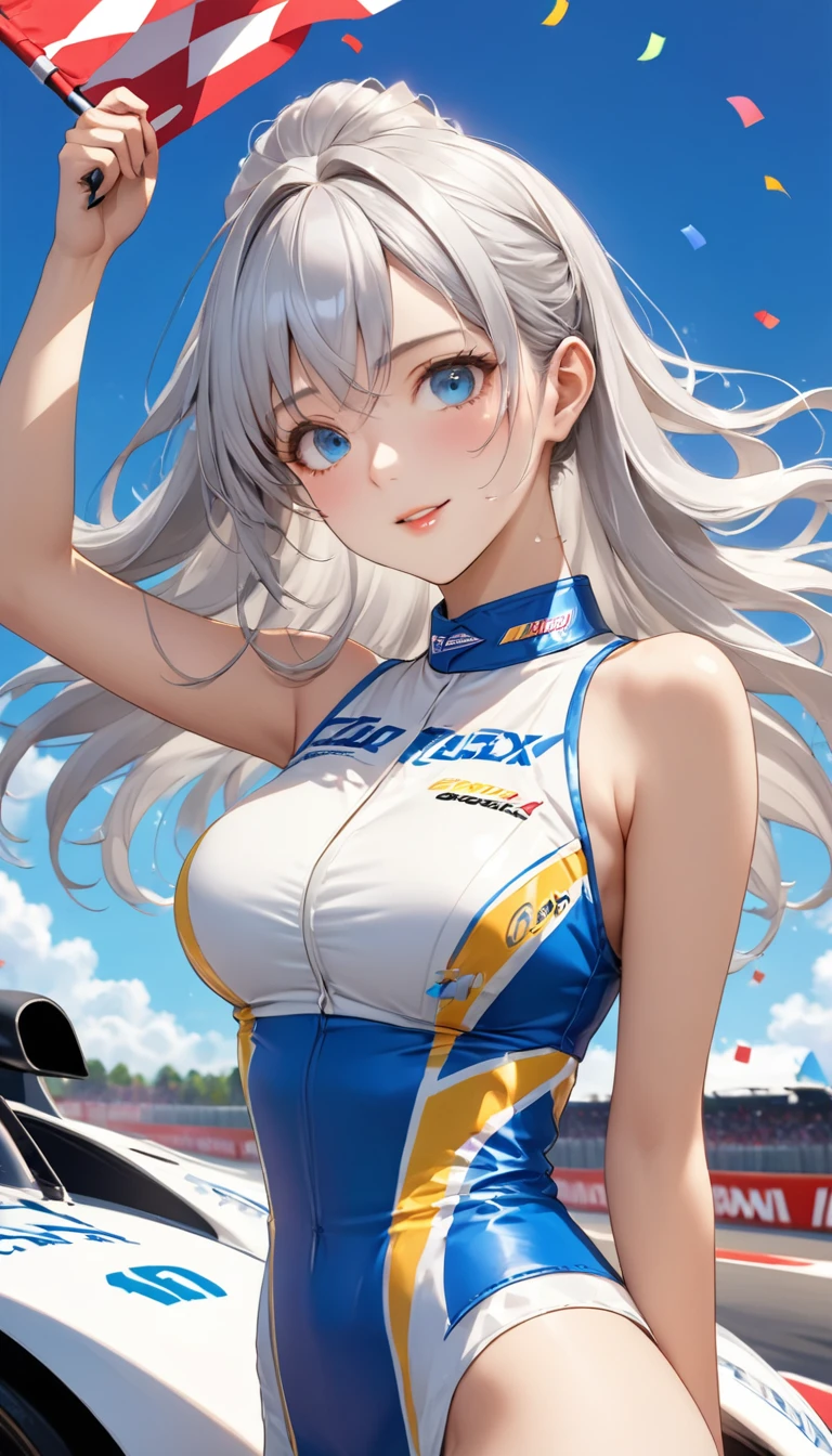 Highest quality, Super quality, 16K, Incredibly absurd, Very detailed, 2.5D, delicate and dynamic, blue sky, Confetti, Racing Car, flag, Small face, Extremely delicate facial expression, Delicate eye depiction, Extremely detailed hair, Upper body close-up, erotic, sole sexy lady, healthy shaped body, 22 years old lady, Race Queen, 170cm tall, big firm bouncing busts, white silver long hair, sexy long legs, Glowing Skin, , Flashy Race Queen costume, blue tight skirt, white leather long boots, Formula 1, Auto Racing Track