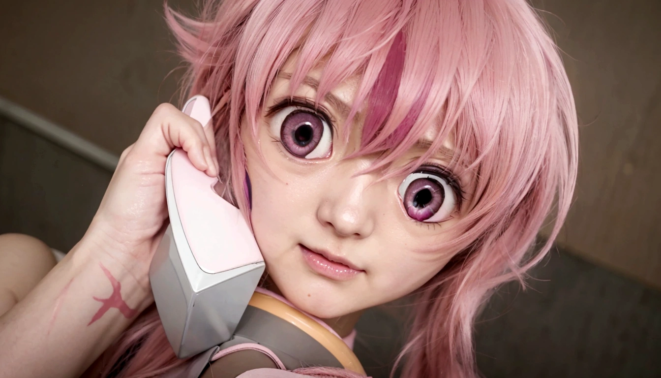 anime girl with pink hair talking on a cell phone, mirai nikki, anime girl named gasai yuno, hyperrealistic pink eyes, gasai yuno, mirai nikki, gasai yuno, gasai yuno, she has a cute expressive face, gasai yuno, screenshot from a 2012s anime, in the anime film, scene!!, shocking