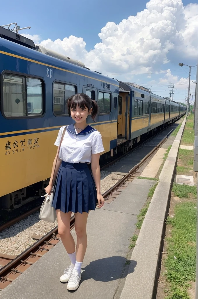 girls in rural railway station,Japanese train on far side,cumulonimbus cloud in summer sky,short-sleeved white shirt with sailor collar,navy blue pleated skirt,school bag,18-year-old,bangs,a little smile,thighs,knees,short hair with low pigtails bunches,from beside,front light