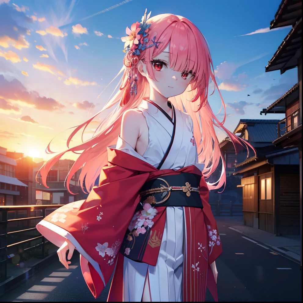 rezerorum, rum, Hair Flowers, hair ornaments, Hair above one eye, Pink Hair, (Red eyes:1.5), smile,blush,Long Hair, x hair ornaments, Tie your hair back,bangs, blunt bangs, (Flat Chest:1.2),Pink gorgeous Japanese kimono,,Sandals,evening,sunset, break outdoors, city,Building Street, break looking at viewer, (Cowboy Shot:1.5), break (masterpiece:1.2), Highest quality, High resolution, unity 8k wallpaper, (shape:0.8), (Fine and beautiful eyes:1.6), Highly detailed face, Perfect lighting, Highly detailed CG, (Perfect hands, Perfect Anatomy),