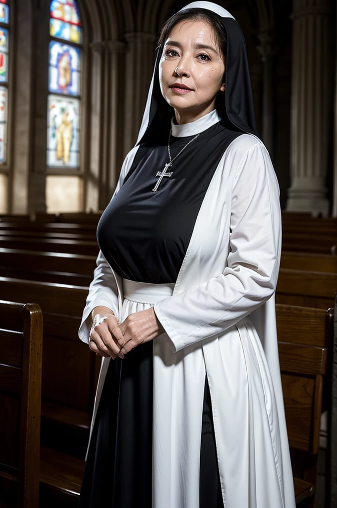 (masterpiece:1.4), (58-year-old woman:1.5),(Facial wrinkles : 1.2), smirking, pores, dull skin, skin blemishes, motherly mature woman, long beautiful hair, large saggy breasts, (dressed as a catholic nun),(high-slit long-skirt : 1.1), (black and white clothes), (showing plump legs : 1), detailed backgrounds, church, divine atmosphere, rosary, cross