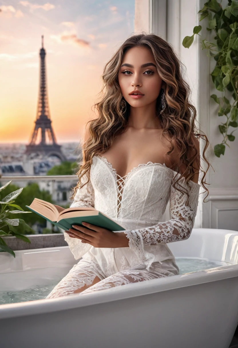 8k, beautiful mixed girl with long slightly wavy hair, clear grey eyes, beautiful detailed eyes, beautiful detailed lips, extremely detailed face and eyes, long eyelashes, sweet chest, beautiful white lace outfit, sitting on the edge of a bathtub, white bathroom, reading a book, holding a book, lots of plants, large window, sunset, view of the Eiffel Tower, (best quality,4k,8k,highres,masterpiece:1.2), ultra-detailed,(realistic,photorealistic,photo-realistic:1.37),portrait,landscape,vivid colors,bokeh
