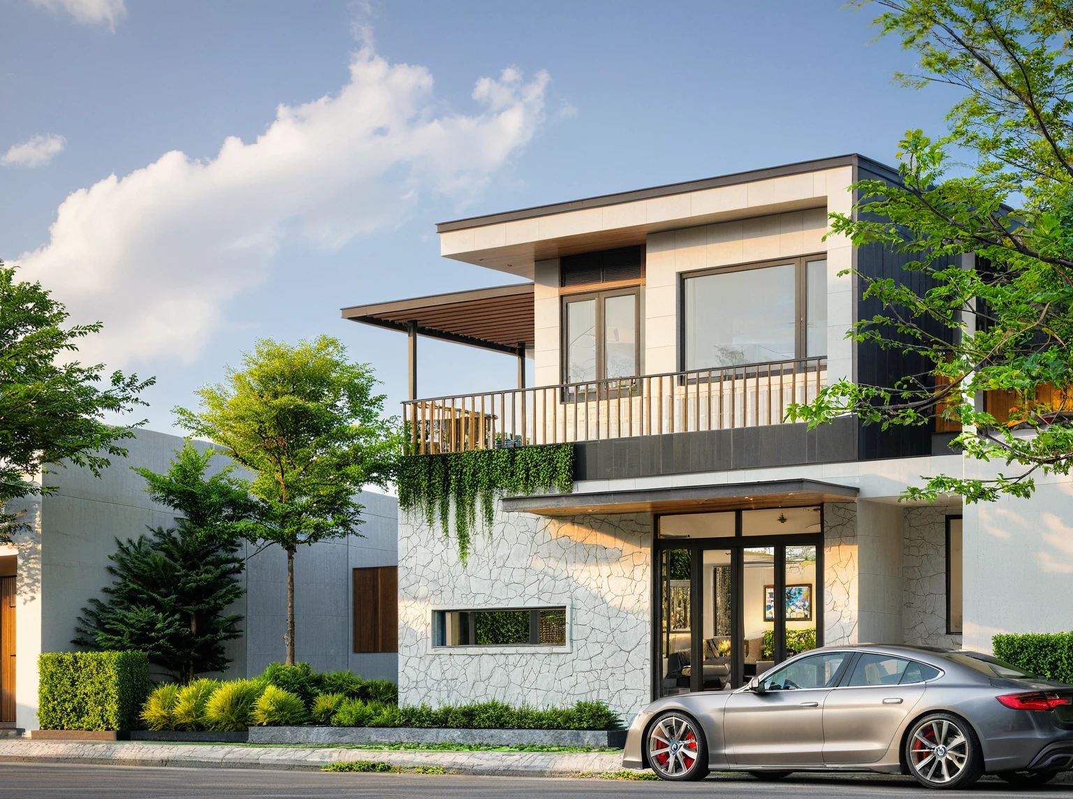 modern villa on street, (daylight), tropical tree, shrub and plants, vivid color, streetcapes, modern and minimalist design, rough stone wall accent, brigth grey tone, large glass door, warm interior lighting, modern material, best quality, ultra realistic, masterpiece, 17ArchiAI_XL_VL-v1