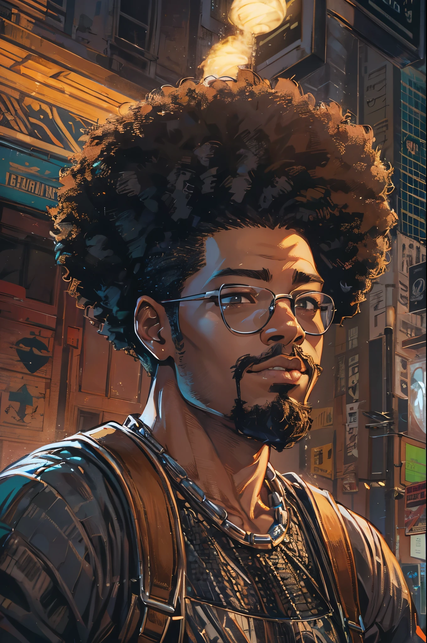 A cartoon of a man with an afro hairstyle wearing a tank top, epic portrait illustration, Black man with an afro hairstyle, character portrait, digital illustration style, detailed. Digital painting, high-quality portrait, close-up character portrait, detailed character portrait, epic digital art illustration, highly detailed character, Wakanda, T’Challa, stylized portrait, character art portrait, Marvel Comics, DC Comics