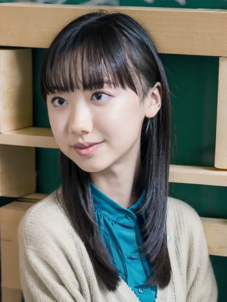 slender girl, (make up:1.1), (cardigan:1.2), middle breasts, at school room, (upper body shot:1.1), round face