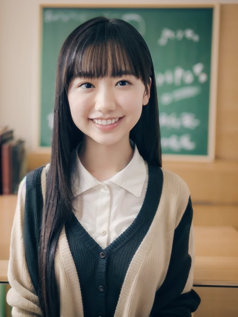 slender girl, (make up:1.1), (cardigan:1.2), middle breasts, at school room, (upper body shot:1.1), round face