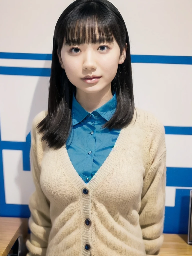 slender girl, (make up:1.1), (cardigan:1.2), middle breasts, at school room, (upper body shot:1.1), round face