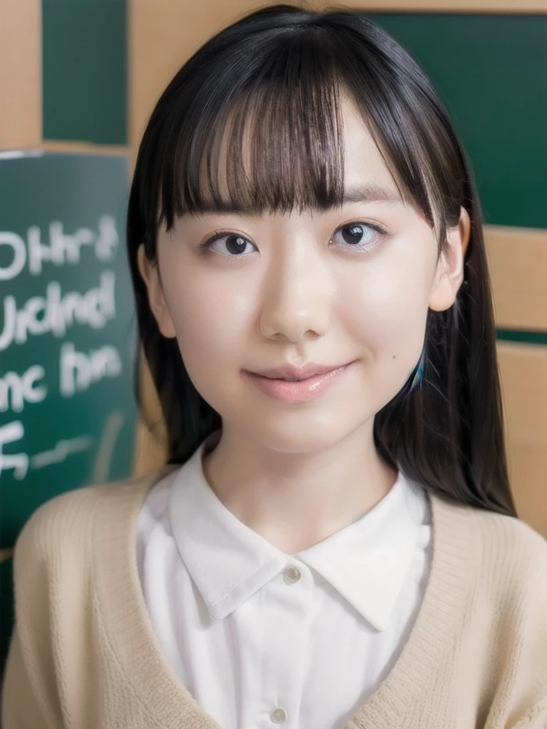 slender girl, (make up:1.1), (cardigan:1.2), middle breasts, at school room, (upper body shot:1.1), round face
