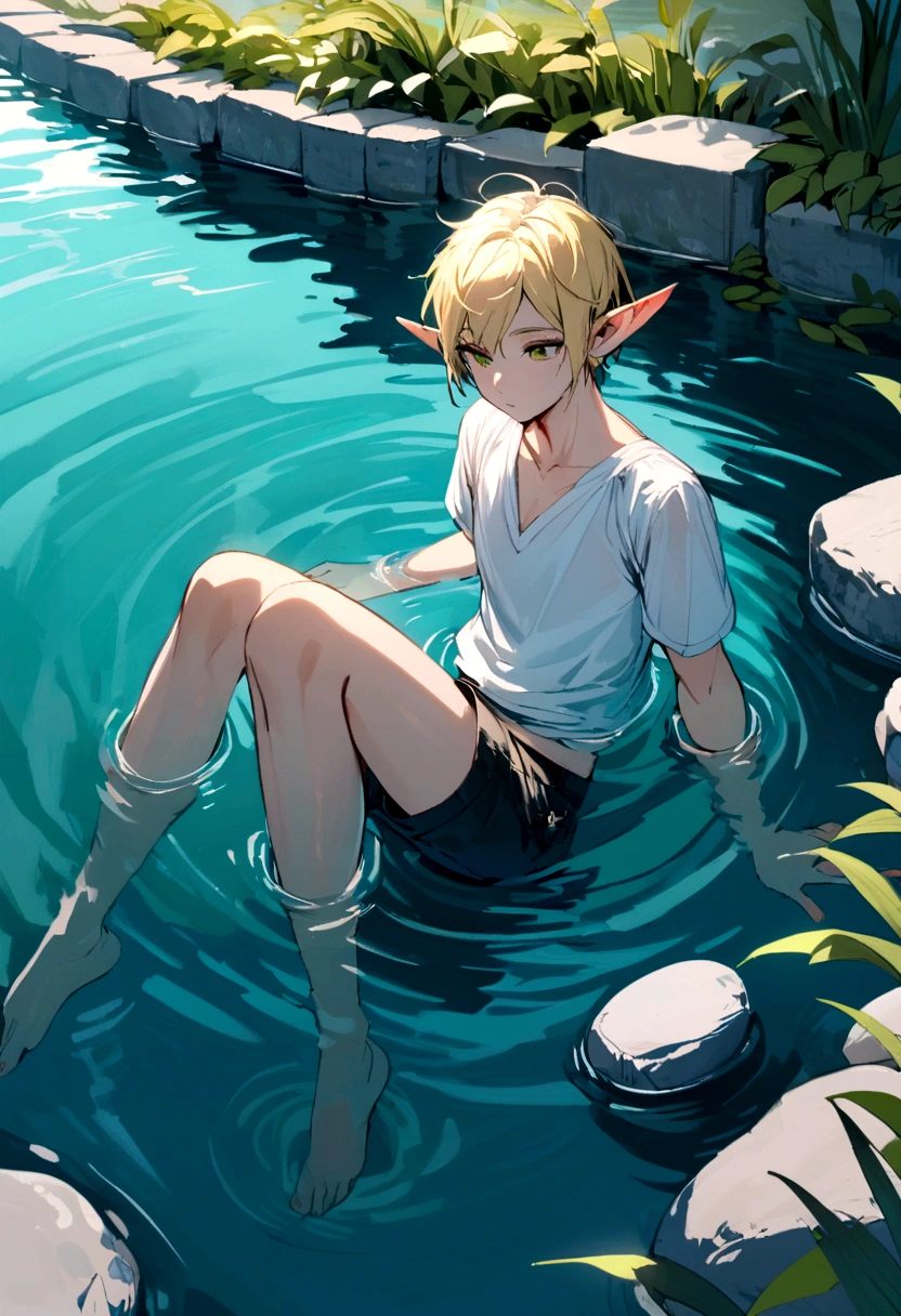 Elf man floating in water wearing only simple shorts,blonde elf man,Short Hair,Beautiful Water,Floating,relax,juvenile,Pond surrounded by cobblestones