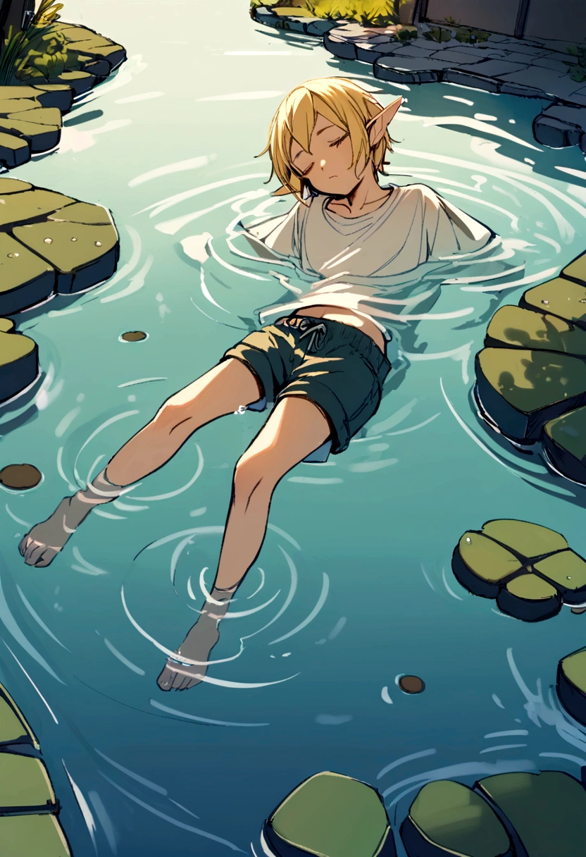 Elf man floating in water wearing only simple shorts,blonde elf man,Short Hair,Beautiful Water,Floating,relax,juvenile,Pond surrounded by cobblestones