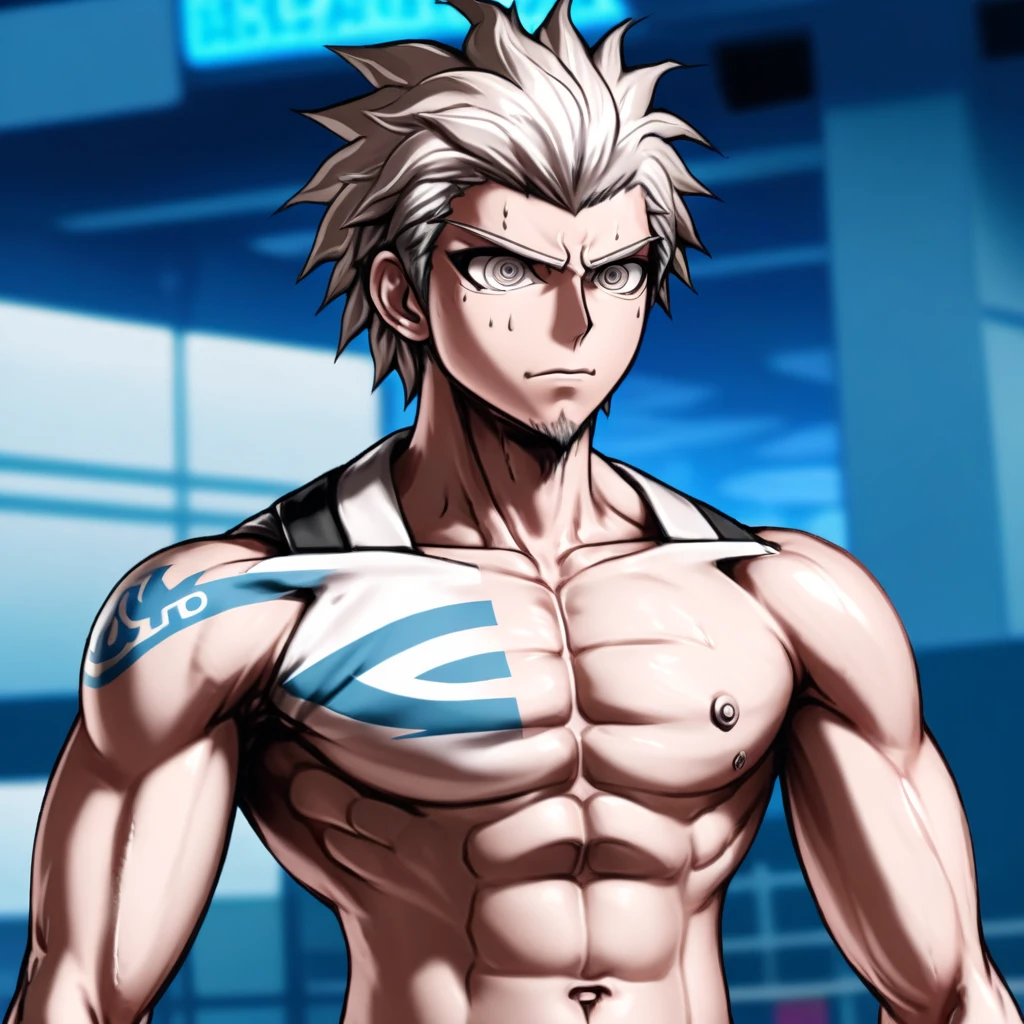 1 man with long curly white hair, silver hair, messy bangs, Sunkissed tan skin, purple magenta eyes, handsome, gloves, earrings, veins on arms and hands, sweaty skin, American football player, tight football uniform, on football field, white happy trail, big pectorals, abs, plump ass, narrow waist, Cinematic lighting, hyper HD, Masterpiece, High details, ((sexy dynamic pose))