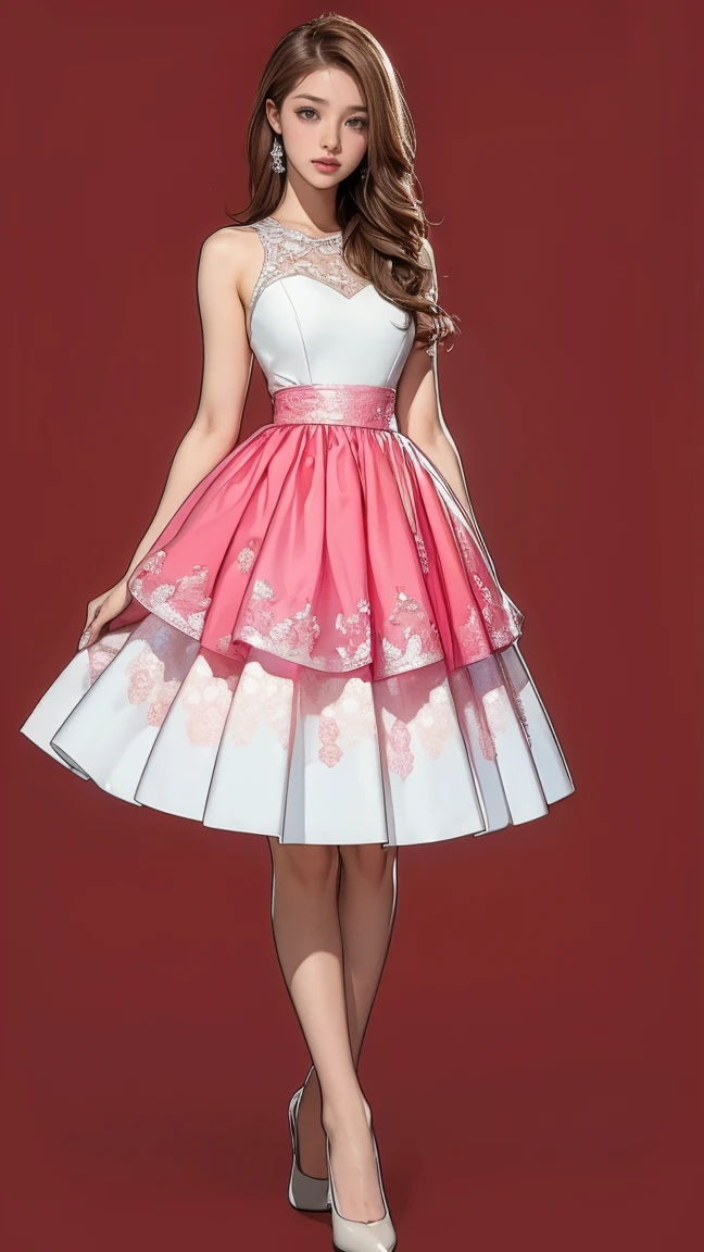 ((masterpiece)),(((Highest quality))),((((Character design sheet)))),Thin thighs,Long legs,Highest quality,masterpiece,Ultra-high resolution,(Actual:1.4),Original photo,Ultra-high resolution,8k,There are women,Fair skin,Big wave diamond White and pink collaboration dress:1.5,High heels,Long legs:1.5,Bright and beautiful,high waist,Flashy makeup using red eyeshadow,