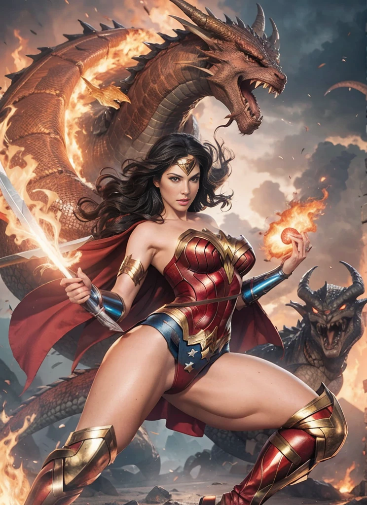 Wonder Woman defeats the dragon,Octopus tentacles,The dragon head bites Wonder Woman's leg,Wonder Woman holding a sword,dragon eyes,a girl, Gal Gadot plays Wonder Woman, y body, nipeola,Caes are utiful face,A charming smile,Lively expressions,,seduce。huge breasts, Huge ass, plumpsexy bra, sexyong, Background hor、Magic h quality paintings