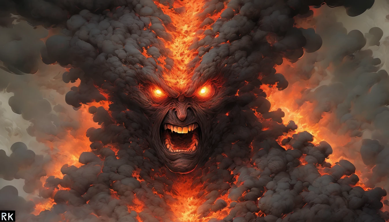 1 person, rage, Fire Spirit, Volcanic, Poster, High Concept, masterpiece, head shot, fractal, Collapse
