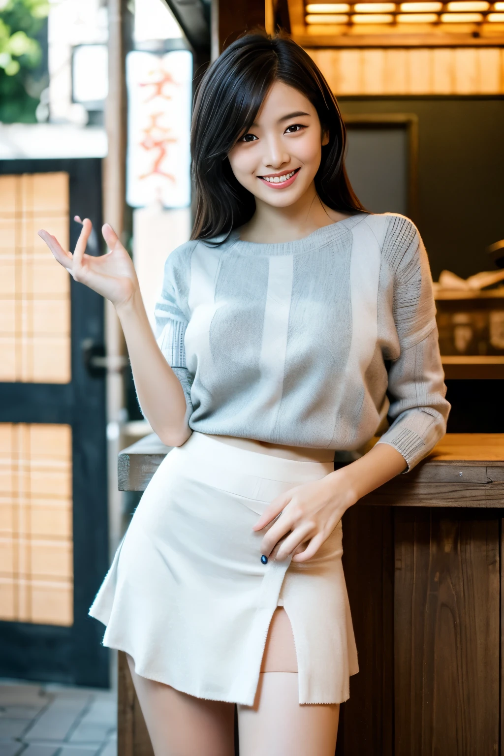 (((Wear a light knit)))、(((smile))),(((Mini skirt with slit))),(((1 Girl))),Full Body Shot、Japanese,16 years old, Medium Black Hair,I have a few freckles,Big Breasts、Work at a traditional Japanese food stall,Proper body balance,Ultra-high quality output images,High resolution,Intricate details,Her hair blowing in the wind is so delicate and beautiful,Realistic photos,dream-like,Professional Lighting,Realistic Shadows,Focus Only,Beautiful Hands,Beautiful fingers,Detailed characteristics of hair,Detailed facial features, Good style、White small high leg panties,,Dynamic pose、、