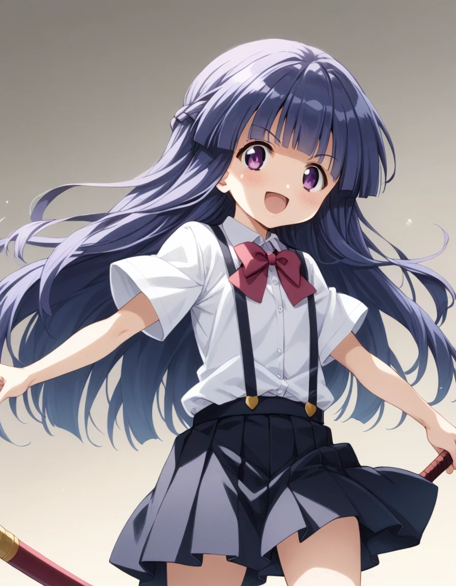 score_9, score_8_up, score_7_up, score_6_up, source_anime,,,,1girl, solo, furude rika, (tween:1), kawaii, blue hair, purple eyes, long hair, blunt bangs, bangs, simple background, white background, bow, skirt, shirt, suspenders, smile, short sleeves, pleated skirt, white shirt, open mouth, red bow, ^_^, suspender skirt, , black skirt, collared shirt, blush, bowtie, blunt bangs, dress shirtt, , anime screencap, anime coloring.serious,,battlestance.holdingsword,