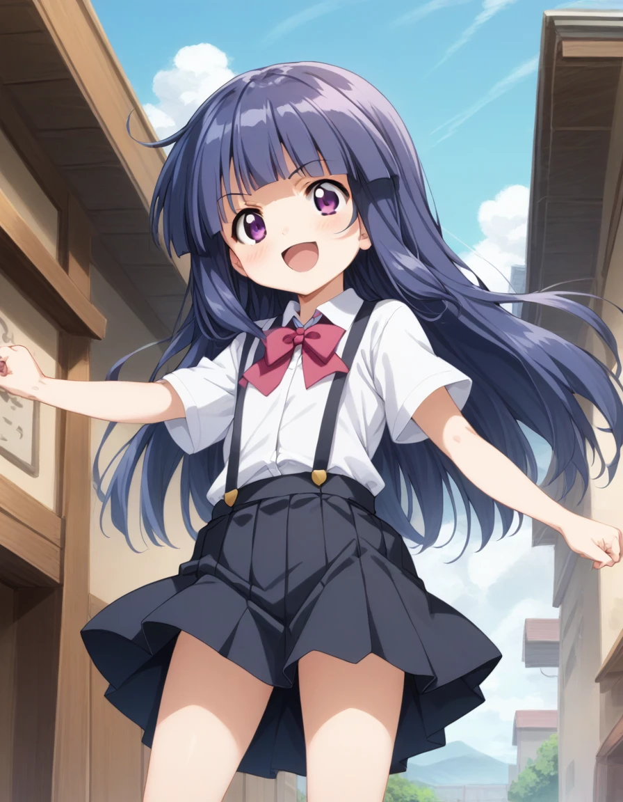 score_9, score_8_up, score_7_up, score_6_up, source_anime,,,,1girl, solo, furude rika, (tween:1), kawaii, blue hair, purple eyes, long hair, blunt bangs, bangs, simple background, white background, bow, skirt, shirt, suspenders, smile, short sleeves, pleated skirt, white shirt, open mouth, red bow, ^_^, suspender skirt, , black skirt, collared shirt, blush, bowtie, blunt bangs, dress shirtt, , anime screencap, anime coloring.serious,,battlestance.holdingsword,