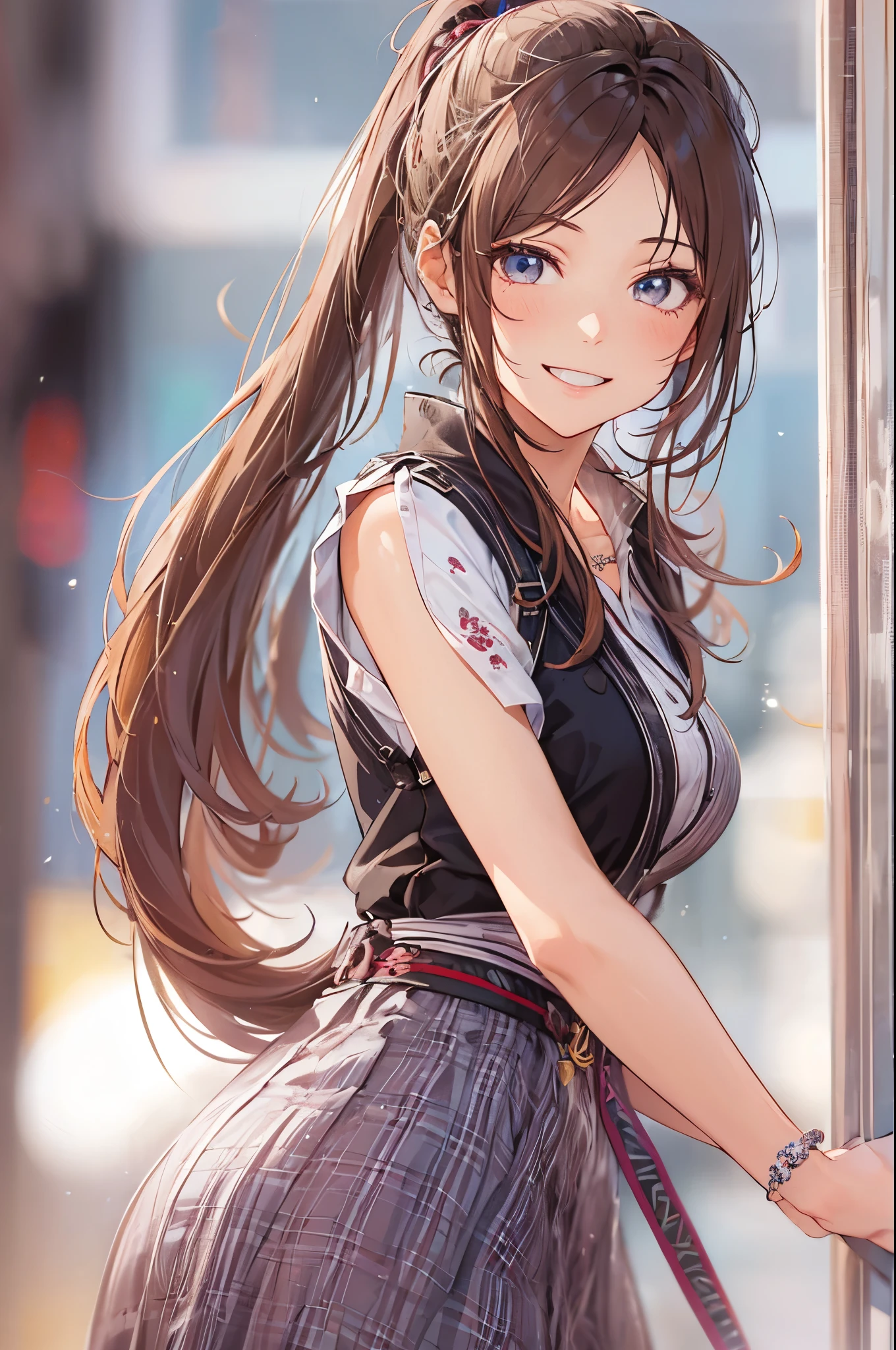 a beautiful japanese girl with a ponytail, sleeveless, cute smile, beautiful detailed eyes, long flowing hair, perfect detailed face, 8k, high quality, masterpiece, realistic, photorealistic, ultra detailed, 1girl
