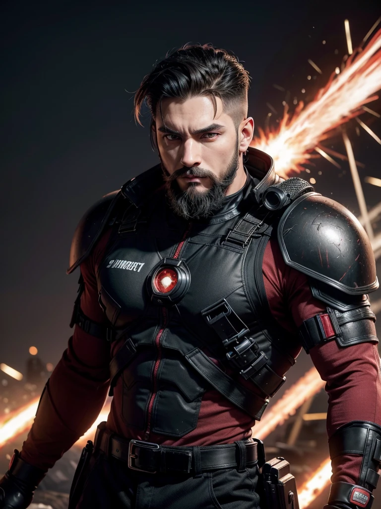 アニメ, grown-up. Serious strong muscular Supreme Marshal wielding a long sniper with red plasma technological details. Short black hair on top combed back short high fade shaved on the side. Wearing black armor with red techno details, well polished and polished with equipment vests on the waist with grenades and energy vials. Beautiful black and red earring. beautiful boss, male with elegant goatee style beard. fund: He is on top of a building aiming a long sniper with red plasma technological details.