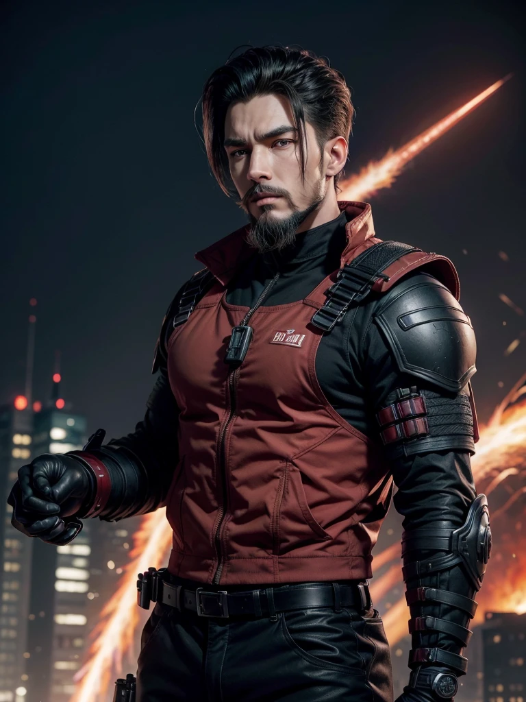 アニメ, grown-up. Serious strong muscular Supreme Marshal wielding a long sniper with red plasma technological details. Short black hair on top combed back short high fade shaved on the side. Wearing black armor with red techno details, well polished and polished with equipment vests on the waist with grenades and energy vials. Beautiful black and red earring. beautiful boss, male with elegant goatee style beard. fund: He is on top of a building aiming a long sniper with red plasma technological details.