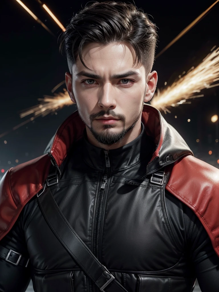 アニメ, -up. Serious strong muscular Supreme Marshal wielding a long sniper with red plasma technological details. Short black hair on top combed back short high fade shaved on the side. Wearing black armor with red techno details, well polished and polished with equipment vests on the waist with grenades and energy vials. Beautiful black and red earring. beautiful boss, male with elegant goatee style beard. fund: He is on top of a building aiming a long sniper with red plasma technological details.