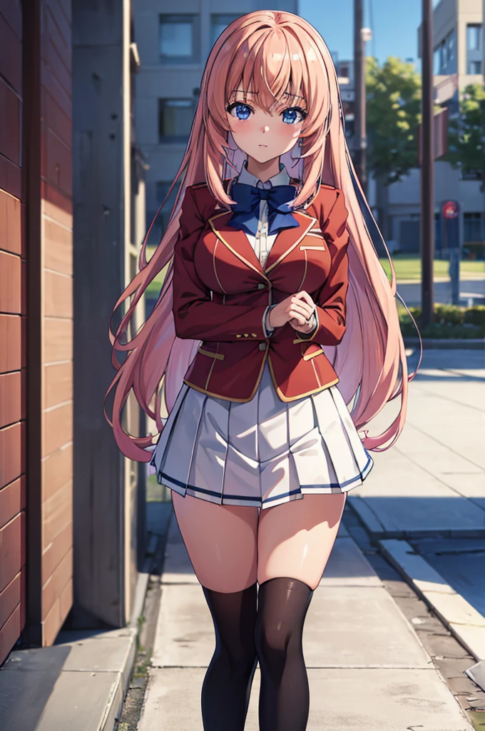 (masterpiece:1.3), (best quality:1.1), (8k, ultra detailed, ultra high res:1.2), ((anime style)), perfect 5 fingers, perfect anatomy, ((impressionism)),
1girl,
Ichinose honami, 
Ichinose honami \(youjitsu\),
long hair, 
pink hair, 
blue eyes, round eyes, tareme, 
blue bow, 
large breasts, 
red jacket, long sleeves, white skirt, pleated skirt, black calf socks, 
looking at viewer, 
cowboy shot, 
perfect light, 
(detailed background:1.2), outdoor, outside, school building,  