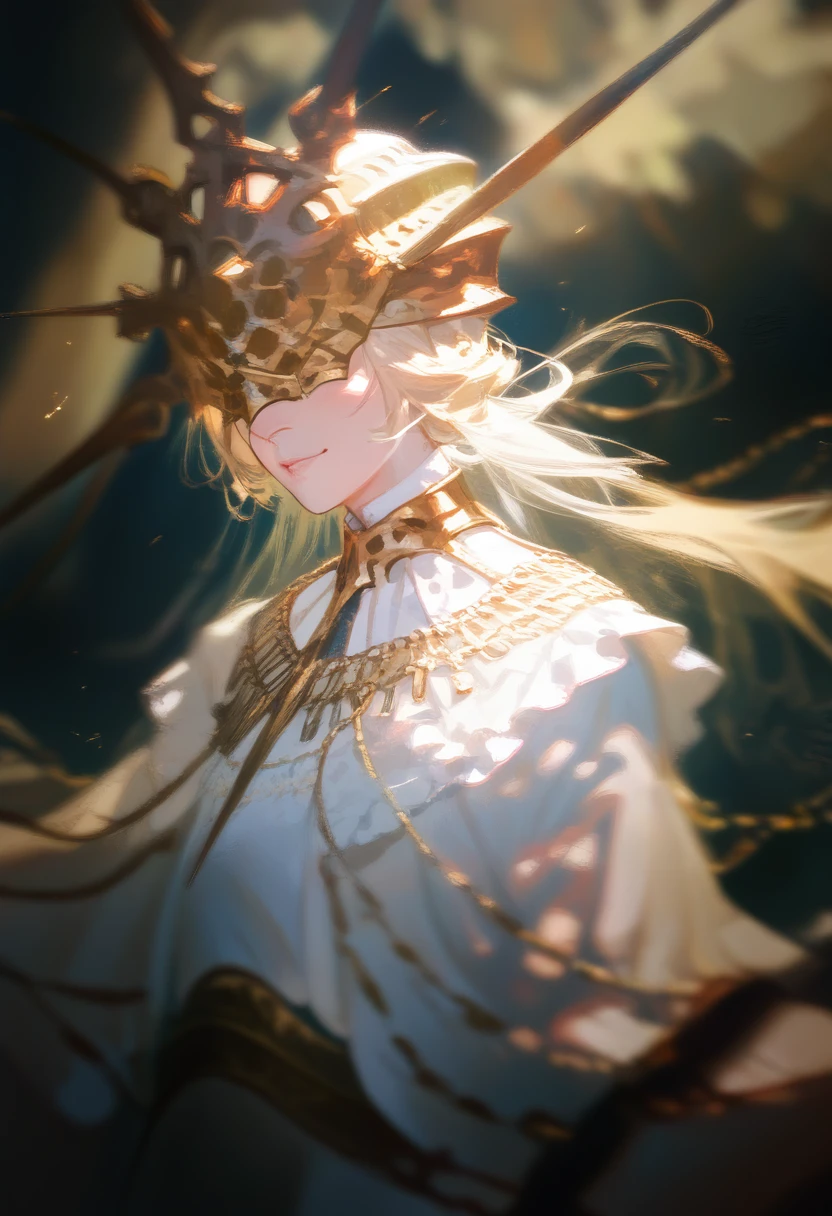 Princess, blonde hair, royal features, slight smile, white dress, amid the fires of darkness