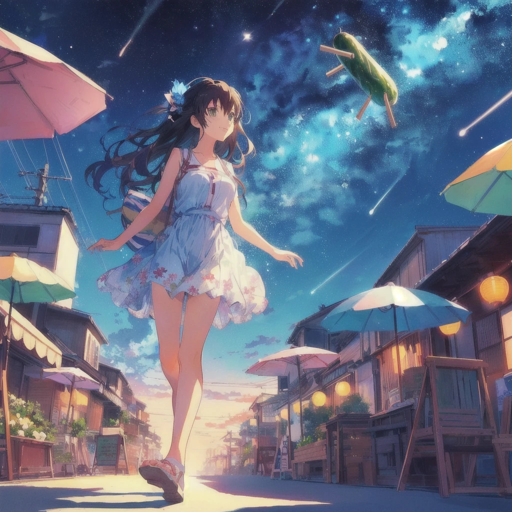 Floating in the sky、Anime girl looking up at a pickle on a wooden stick, smile,賛 girl, 80s anime style, Showa Town,praise album art, praise artstyle, Cute girl anime visuals, praise art, arte koto no ha no niwa, Highly detailed official artwork, Official Anime Artwork, Summer Festival Night, praise, Makoto Shinkai&#39;s art style, praise vibes