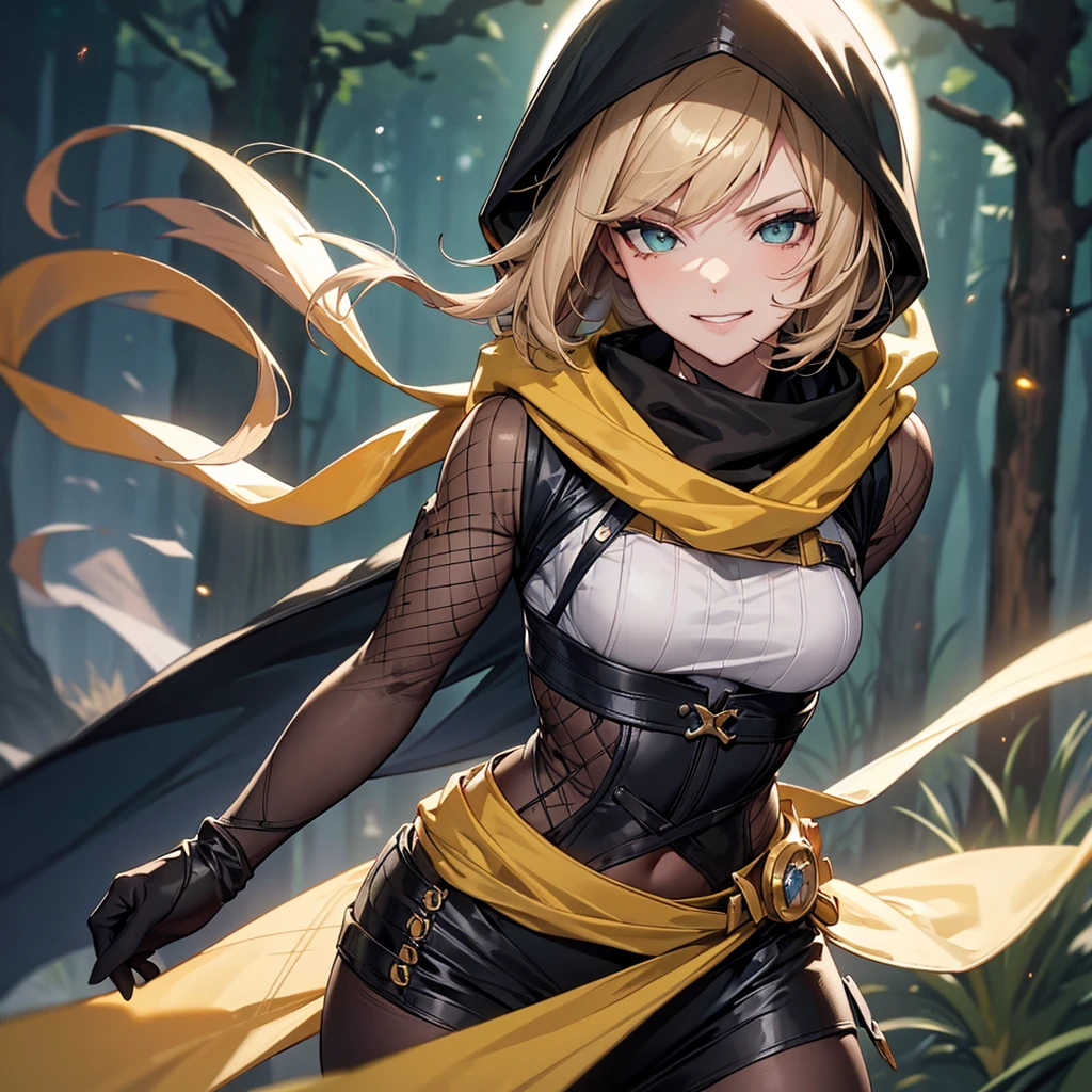 (Super detailed:1.3), ((((best quality)))), ((masterpiece)), female focus, solo, powerful glow, detailed face, detailed eyes, detailed lips,dark forest background,(starry night sky), blue moon,((dirty blonde hair)),short hair,shaggy hair, (brown thief attire), (wearing hood:1.3), green eyes, (pale skin:1.2),((smirk)),almond-shaped eyes,cute face,close-up shot, depth of field, (yellow scarf:1.2),(black hood:1.2),young girl,(teenager),(goggles:1.2),(mesh undershirt:1.3),brown corset, European ninja,sleeveless,gloves