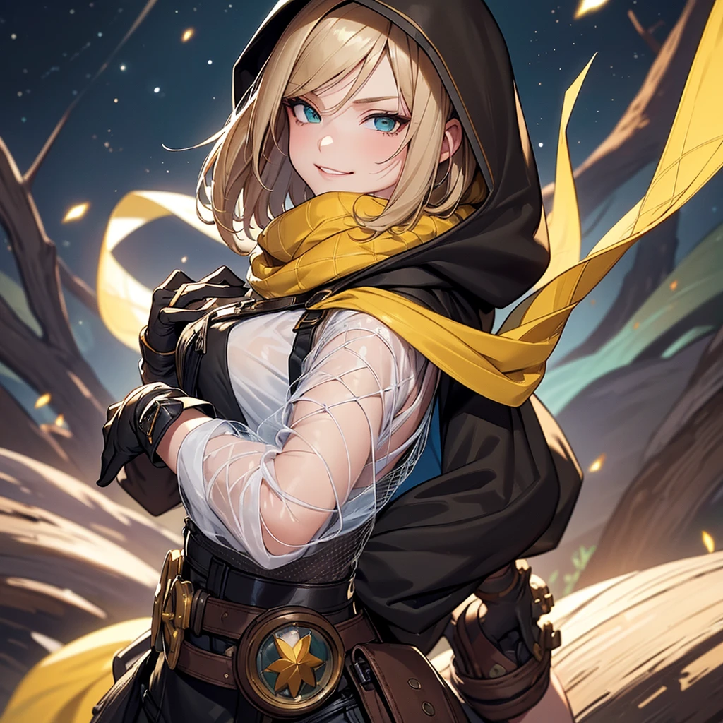 (Super detailed:1.3), ((((best quality)))), ((masterpiece)), female focus, solo, powerful glow, detailed face, detailed eyes, detailed lips,dark forest background,(starry night sky), blue moon,((dirty blonde hair)),short hair,shaggy hair, (brown thief attire), (wearing hood:1.3), green eyes, (pale skin:1.2),((smirk)),almond-shaped eyes,cute face,close-up shot, depth of field, (yellow scarf:1.2),(black hood:1.2),young girl,(teenager),(goggles:1.2),(mesh undershirt:1.3),brown corset, European ninja,sleeveless,gloves