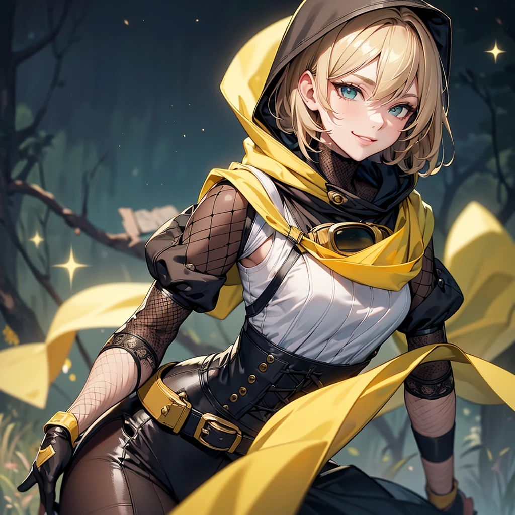 (Super detailed:1.3), ((((best quality)))), ((masterpiece)), female focus, solo, powerful glow, detailed face, detailed eyes, detailed lips,dark forest background,(starry night sky), blue moon,((dirty blonde hair)),short hair,shaggy hair, (brown thief attire), (wearing hood:1.3), green eyes, (pale skin:1.2),((smirk)),almond-shaped eyes,cute face,close-up shot, depth of field, (yellow scarf:1.2),(black hood:1.2),young girl,(teenager),(goggles:1.2),(mesh undershirt:1.3),brown corset, European ninja,sleeveless,gloves