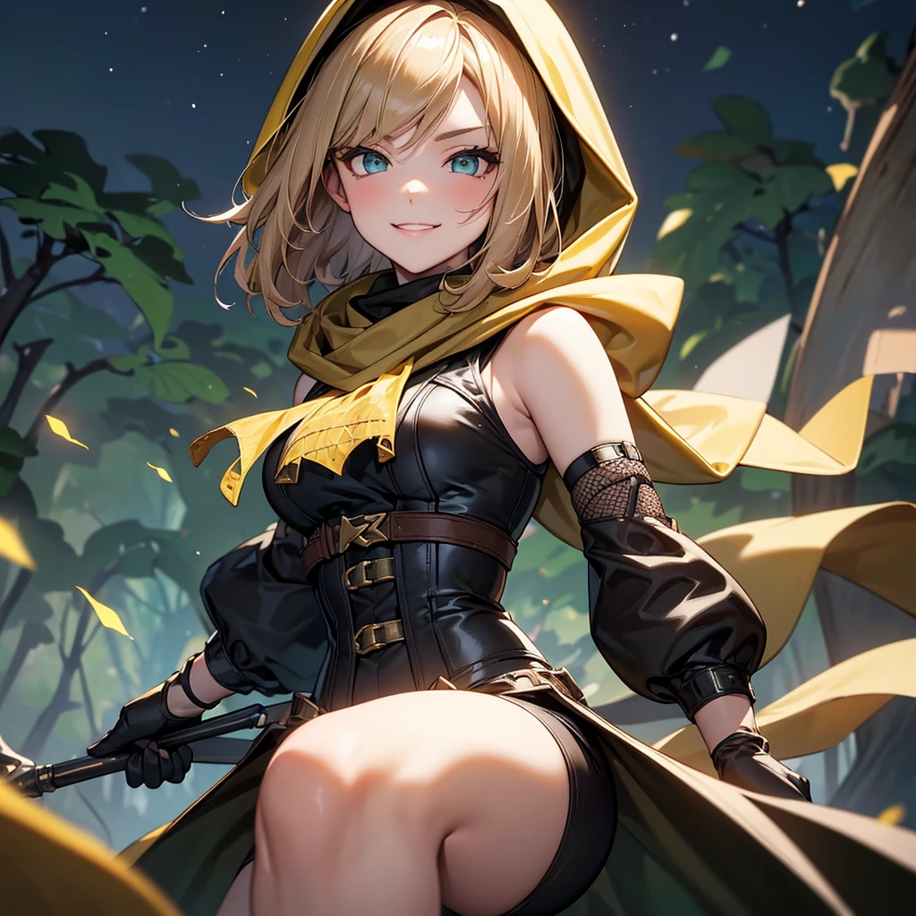 (Super detailed:1.3), ((((best quality)))), ((masterpiece)), female focus, solo, powerful glow, detailed face, detailed eyes, detailed lips,dark forest background,(starry night sky), blue moon,((dirty blonde hair)),short hair,shaggy hair, (brown thief attire), (wearing hood:1.3), green eyes, (pale skin:1.2),((smirk)),almond-shaped eyes,cute face,close-up shot, depth of field, (yellow scarf:1.2),(black hood:1.2),young girl,(teenager),(goggles:1.2),(mesh undershirt:1.3),brown corset, European ninja,sleeveless,gloves