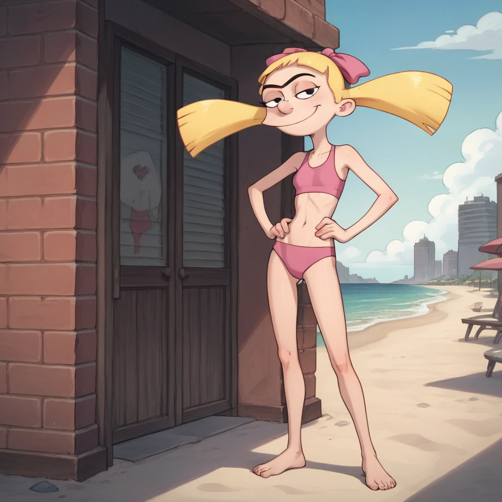 helga, solo, 1girl, blonde hair, floating hair, black eyes, twintails, monobrow, smile,  looking at viewer,,outdoors,city,  score_9, score_8_up, score_7_up, score_6_up , skinny body, source_cartoon, on beach, sand, ocean, pink swimsuit, hand on hips,full body, bare shoulders, 