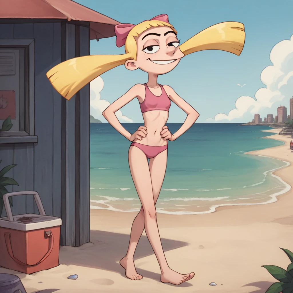 helga, solo, 1girl, blonde hair, floating hair, black eyes, twintails, monobrow, smile,  looking at viewer,,outdoors,city,  score_9, score_8_up, score_7_up, score_6_up , skinny body, source_cartoon, on beach, sand, ocean, pink swimsuit, hand on hips,full body, bare shoulders, 