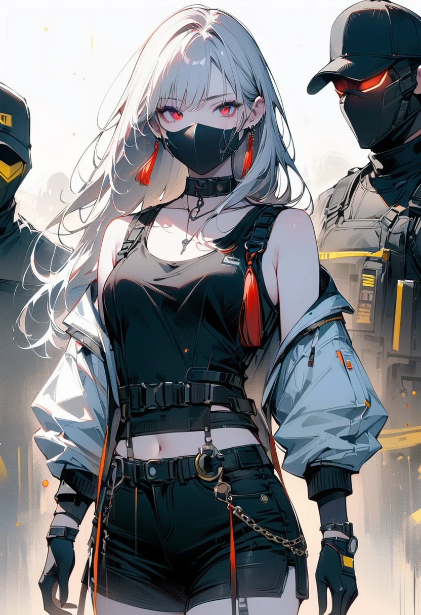 a girl, (White skin: 1.21), (white pupils: 1.21),), (mask: 1.12), (tassel: 1.31), (earrings: 1.11), (red eye shadow: 1.1), , (Plate: 1.1), (bandage), scar, mask covering face, wearing a mask, clavicle, ink style, chain, Delicate fabric texture, Exquisite facial details, masterpiece, best quality, Extra fine, 8K, masterpiece, extreme, beautiful, illustration, close up, look directly, focus on face, white hair, long hair, Calm expression, Watchmen, (Black sports vest: 1.21), (black sports shorts: 1.21),Jacket, have