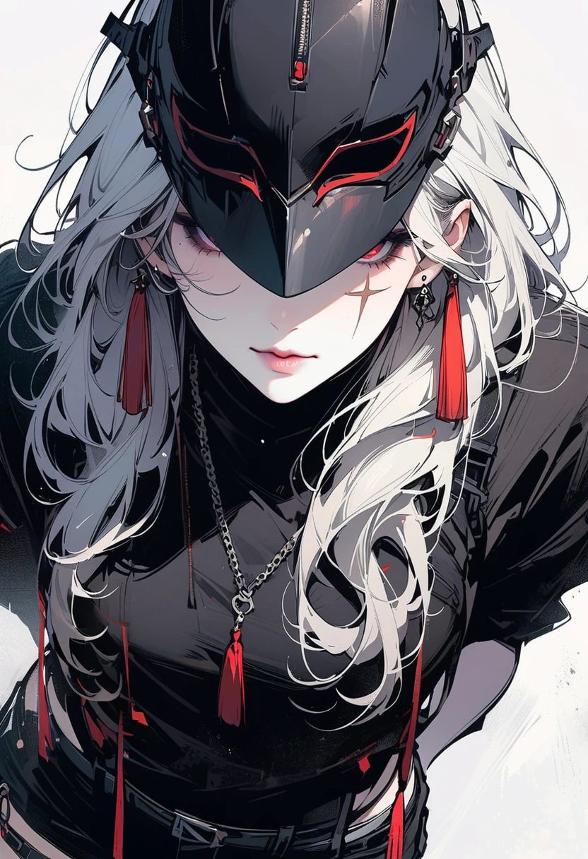 a girl, (White skin: 1.21), (white pupils: 1.21),), (mask: 1.12), (tassel: 1.31), (earrings: 1.11), (red eye shadow: 1.1), , (Plate: 1.1), (bandage), scar, mask covering face, wearing a mask, clavicle, ink style, chain, Delicate fabric texture, Exquisite facial details, masterpiece, best quality, Extra fine, 8K, masterpiece, extreme, beautiful, illustration, close up, look directly, focus on face, white hair, long hair, Calm expression, Watchmen, (Black sports vest: 1.21), (black sports shorts: 1.21),Jacket, have
