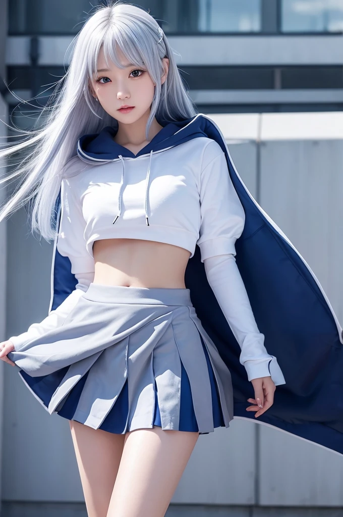 Girl Hair color is silver hair Hairstyle: Short The color of the clothes is white and blue Hooded, not covered Belly button The skirt is super short and looks like a uniform skirt. Equip a sword Futuristic wind