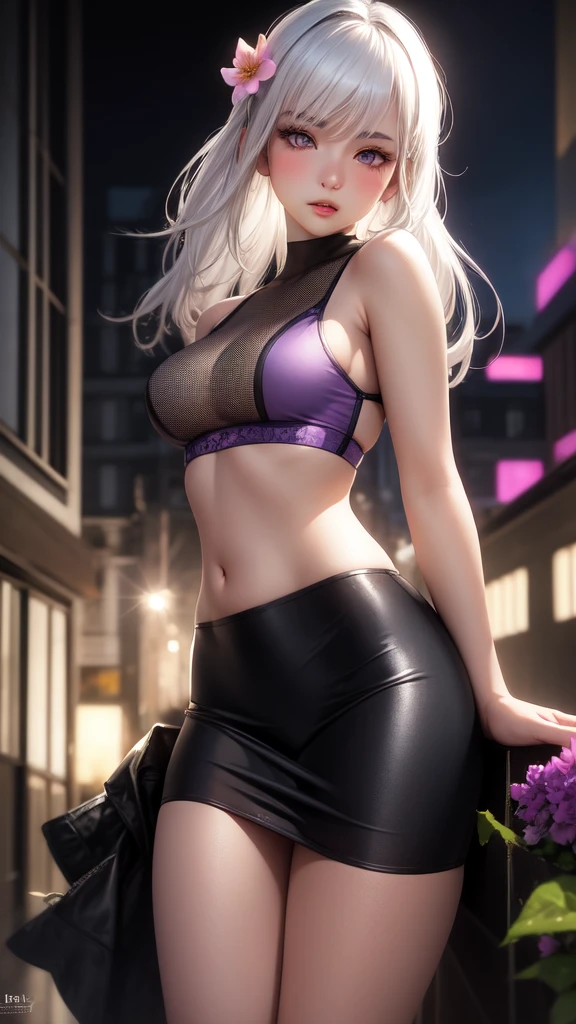 realistic, 1 girl, white hair, purple eyes, glowing eyes, crop top, see through pinky skirt, living clothes, parted lips, blush, night, flowers, sun, sunlight.