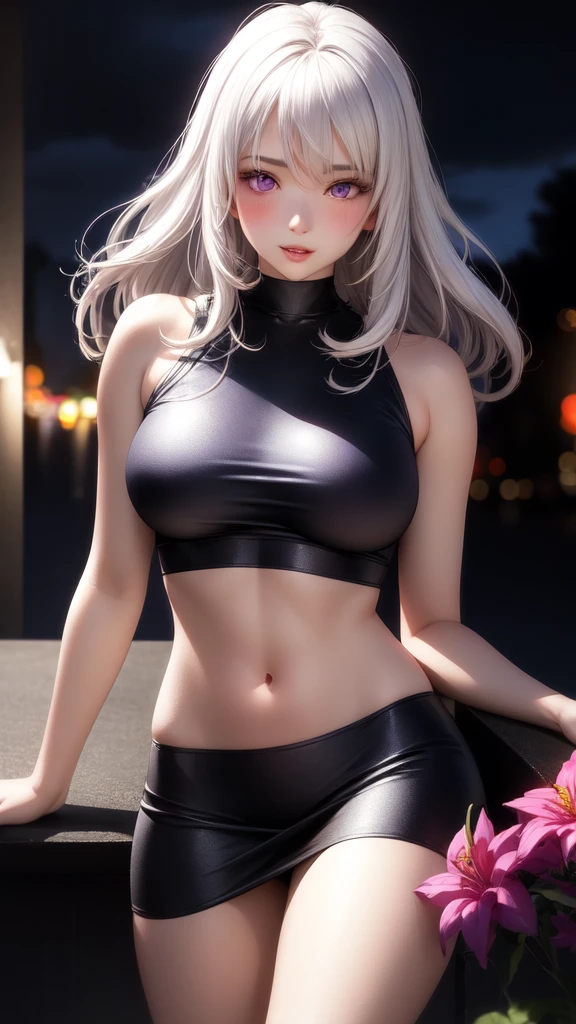 realistic, 1 girl, white hair, purple eyes, glowing eyes, crop top, see through pinky skirt, living clothes, parted lips, blush, night, flowers, sun, sunlight.