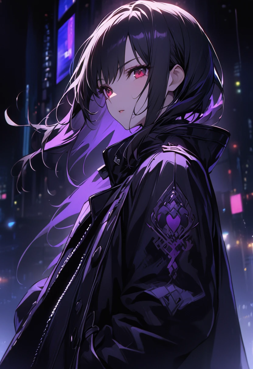 girl、City of night、Night Sky、coat、Put your hands in your pockets、Gothic、Medium Black Hair、Purple Rocks、Dark red eyes、Portraiture、Highest quality、masterpiece、Dark Background、The glow of the cityscape