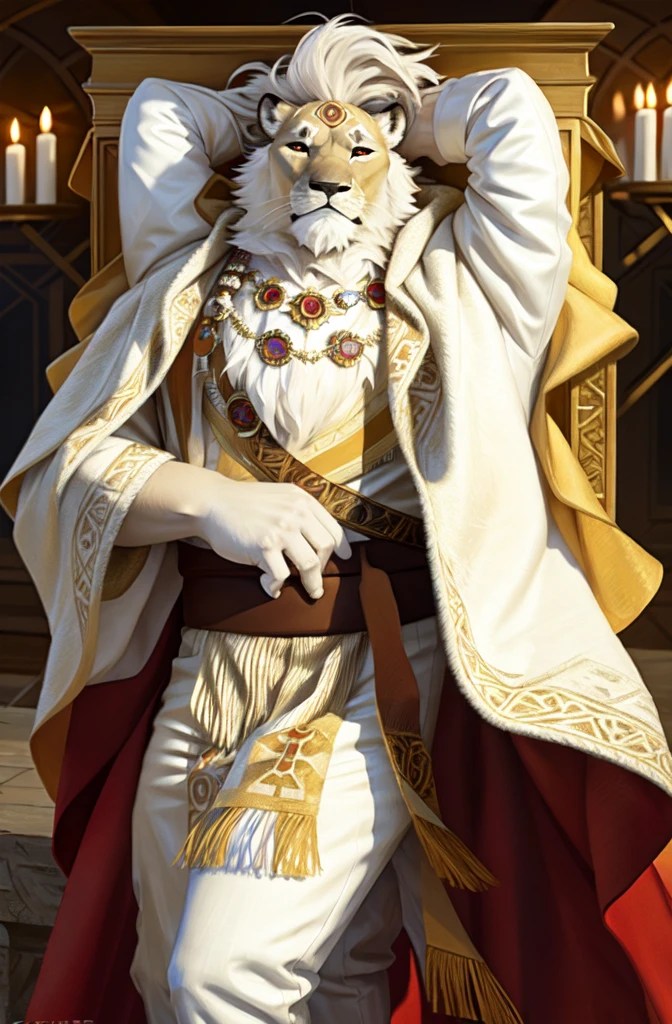 (by taran fiddler), (by darkgem:0.8), (by chunie:1), masterpiece,
(robe), sash, portrait, seductive, looking at viewer, smile, grin,  (javid), lion, (detailed pixar eyes:1.2), black sclera, detailed eyes, male, solo, anthro, epic, white fur, hair,
(detailed ancient chamber background), lying on bed , exposed arousal, naked