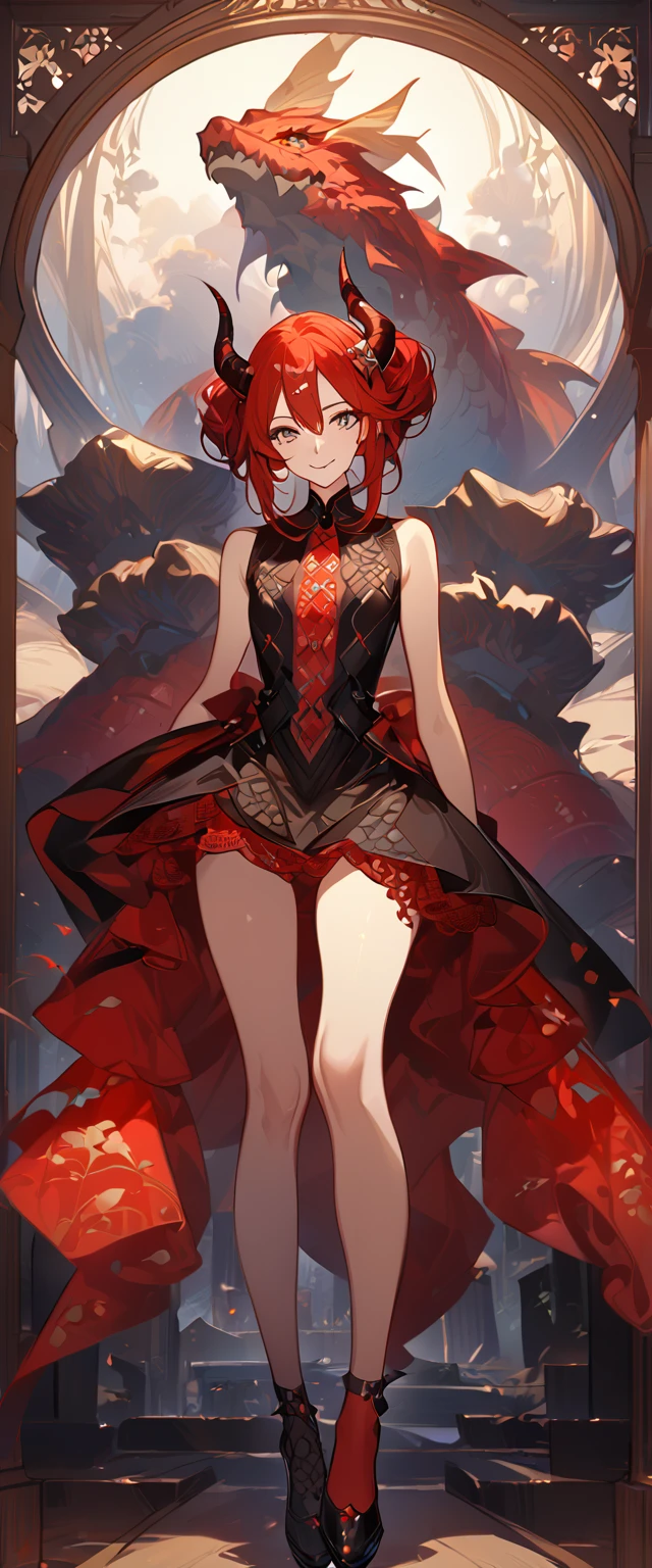 masterpiece, best quality, 8k ,4k , 1girl, teenage girl, dragon girl, red hair, gray eyes, big , slender waist, small waist, small thigh, horn, hair ornament, finely detailed eyes and detailed face, looking at viewer, Black sleeveless top, gradually transparent embroidery skirt, skirt to the knee, majestic looks, smiling gently, Lace dress, patterned clothes, red scale scattered pattern clothes, meticulous clothes, revealing clothes, mature clothes, majestic looks, smiling gently, small bird, full body, artist : ask, art style : ask