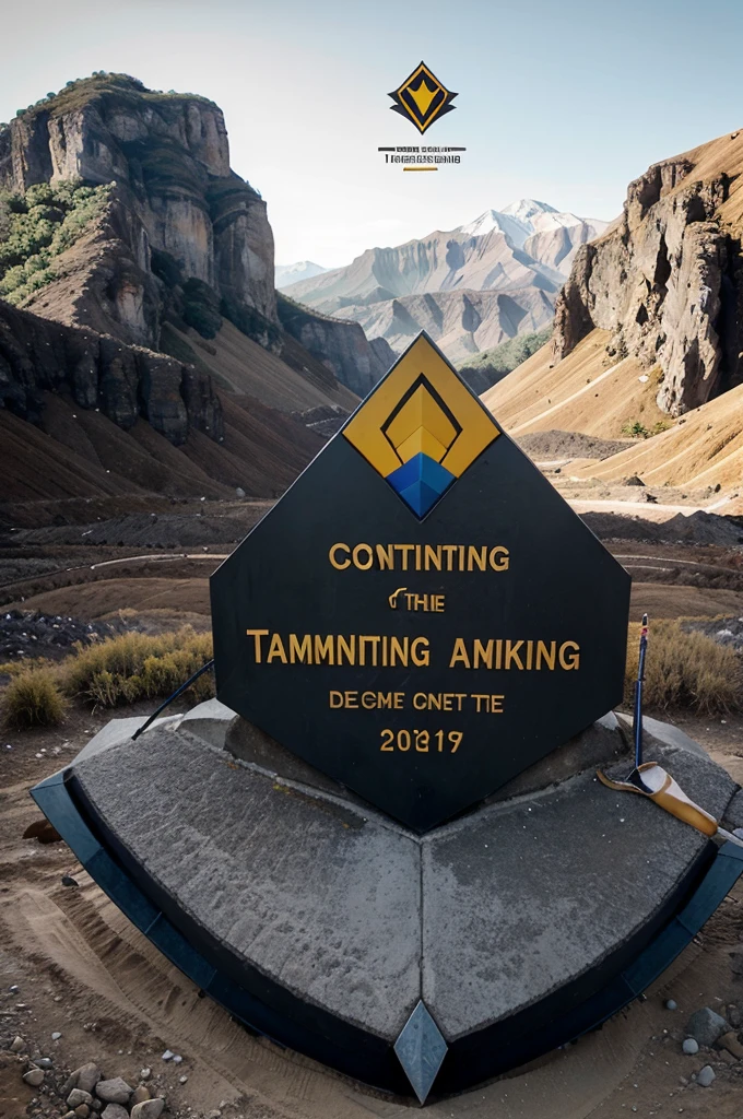 create a logo for mining engineering organisation name "Laskar Tambang" with The mountain silhouette at the top symbolizes challenges and strength. The crossed pickaxe and shovel represent hard work and skill. The mine cart is positioned in the center as the focal point of the emblem. The gemstone located in the middle of the mine cart signifies the ultimate goal and value. The ribbon at the bottom with the inscription 'Laskar Tambang' reflects identity and pride.