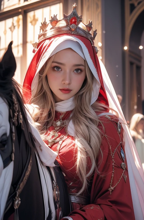 Elegant armor,princess, Full body, wearing a hijab , crown luxury , blue eye, blond hair, around 17 years old, (red silver hijab), tmasterpiece，Best quality at best，A high resolution，8K，((Portrait))，(upper body)，Original photo，real photograph，digital photography, (Medieval angel princess in fantasy style), sexy princess ，blue eye， super colossal breast, pointy colossal breast extravagant ornament，cparted lips，Keep your mouth shuegant and charming，((Blushing))，virgin content，Calm and handsome，(Medieval fantasy armor, The Beautiful super pointy breast, small waist, perfect colossal breast of princess body, a blue delicate pattern，red Cloak)，(anhelic princess character medieval fantasy style，oc render reflection texture, sexy style,  sexy colossal breast , medieval castle background, slim body, very small waist, (luxury armor pattern) , super slim , sexy style, angel 4 wings