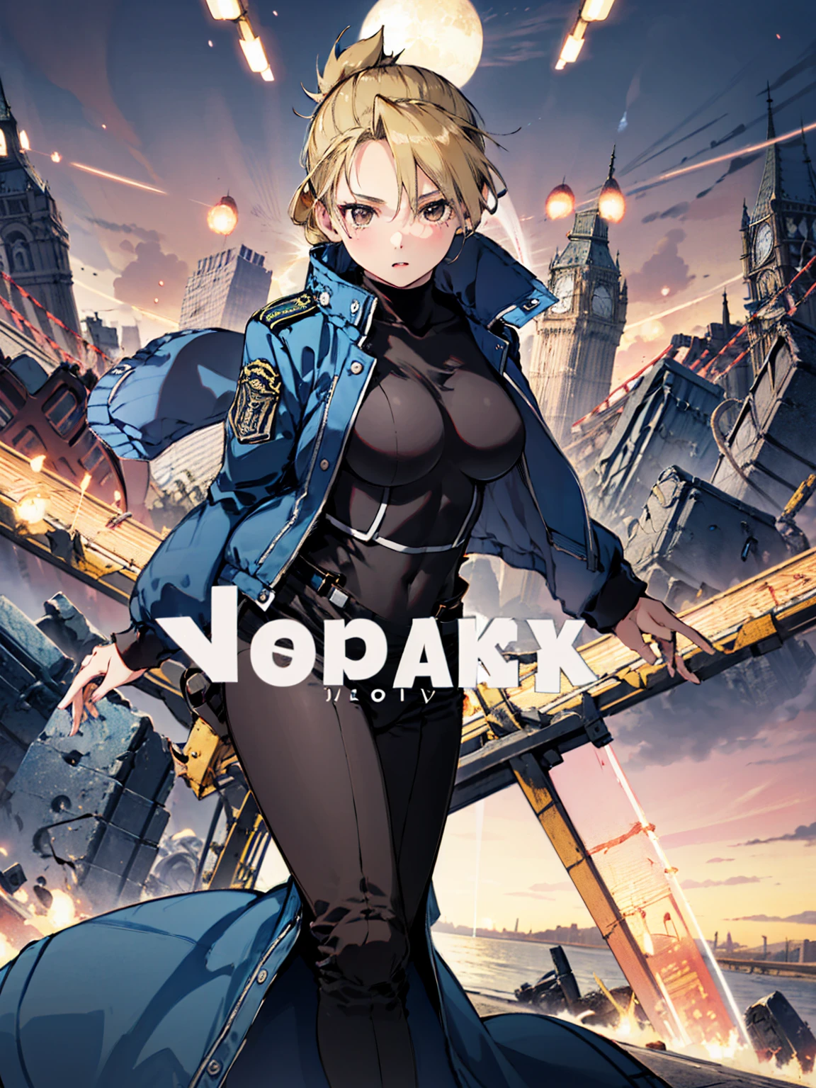 masterpiece, Highest quality, High resolution, One girl, (Blue jacketの下にBlack innerwearを着ている), Folded ponytail, Brown eyes, , uniform, Blue jacket, Blue pants, ,Big Breasts, Black innerwear, (
