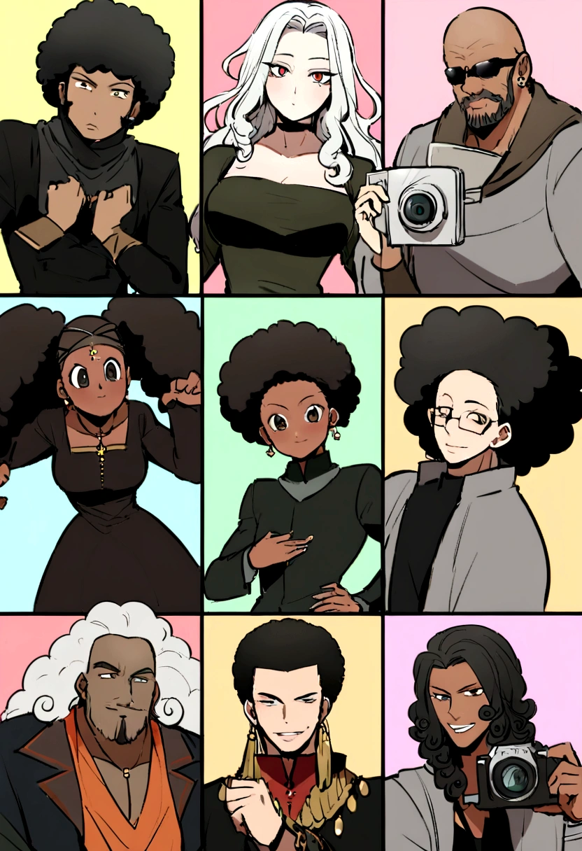 personnage réaliste, Curly-haired black girl in black clothes holding a camera There is a woman with cheveux bouclés posing for a photo, cheveux foncés et bouclés, cheveux bouclés, cheveux bouclés, afro Bouclé, cabelo Bouclé preto, cheveux bruns bouclés, avec afro, Bouclé, des cheveux noirs bouclés, cheveux bruns bouclés, cheveux bouclés claros, bijoux en or au cou, yeux verts, poitrine conséquente, tatouage et piercing