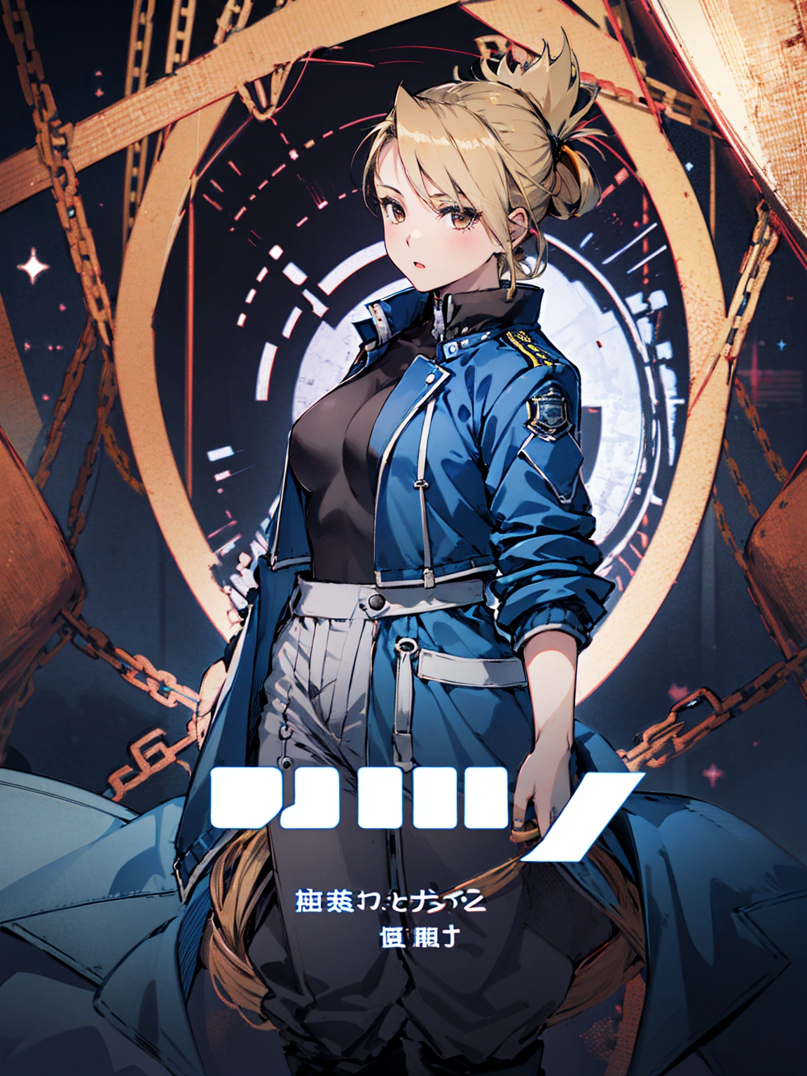 masterpiece, Highest quality, High resolution, One girl, (Blue jacketの下にBlack innerwearを着ている), Folded ponytail, Brown eyes, , uniform, Blue jacket, Blue pants, ,Big Breasts, Black innerwear, (